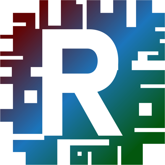 A clear R cutout on a RGB colored QR Code-like Microchip image